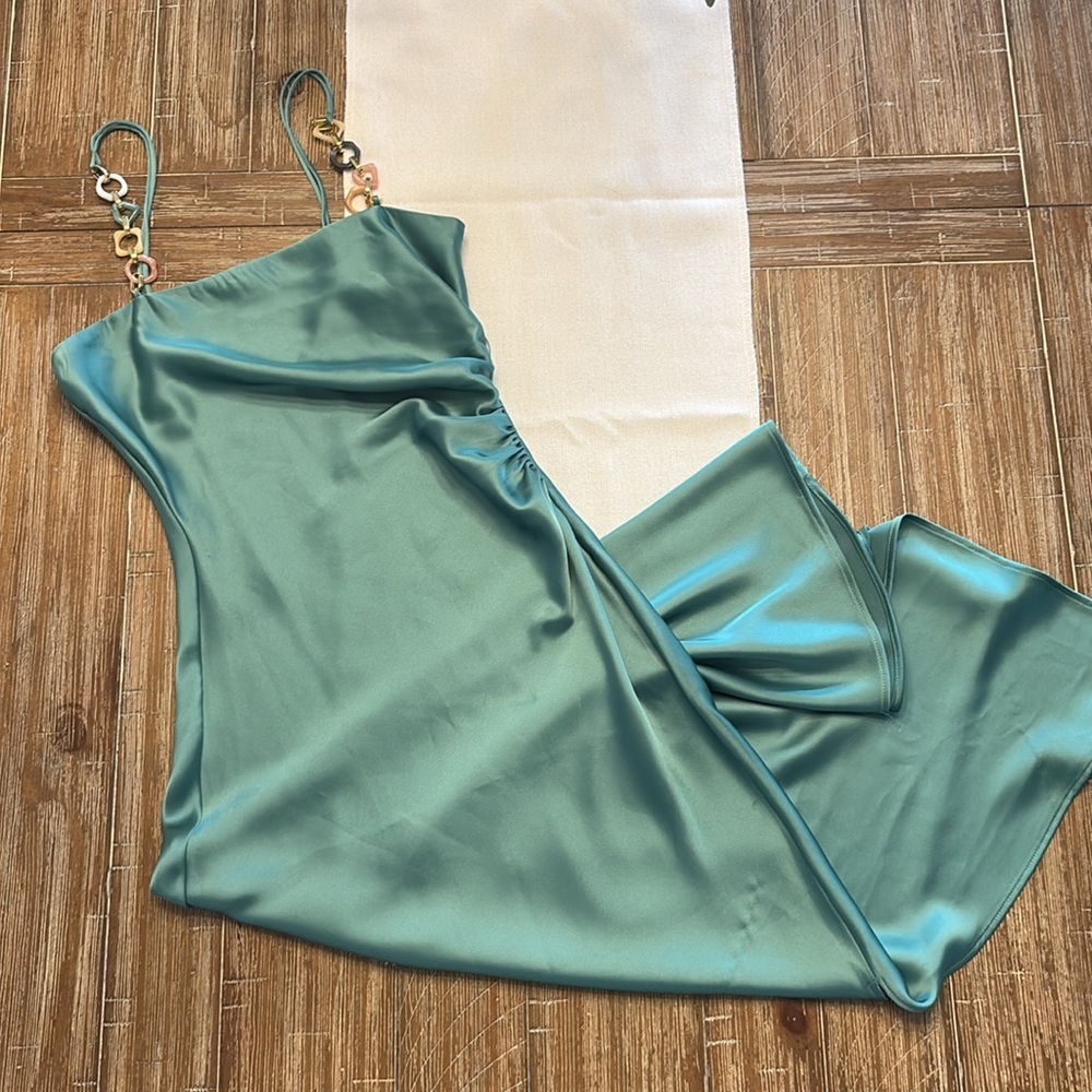 Teal Zara satin midi dress with decorative bead straps.